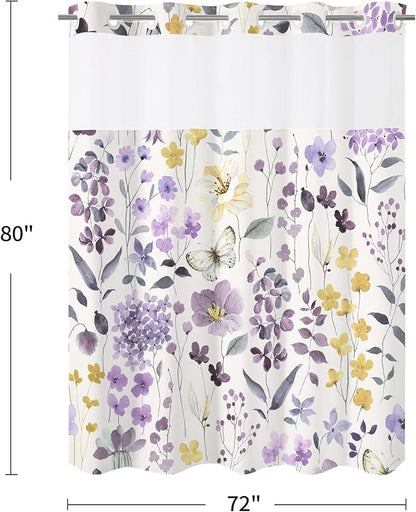 No Hook Purple Watercolor Floral Shower Curtain and Liner Set, 72x80 | Spring Flower Shower Curtains with Snap-in Liner for Farmhouse Bathroom Decor, Botanical Bathroom Curtain with Leaves