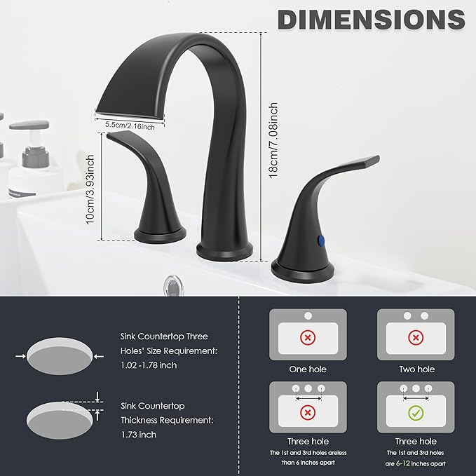 Bathroom Faucets 3 Hole Bathroom Sink Faucet with Pop Up Drain and Water Supply Hoses 8 Inch Waterfall Bathroom Faucet Two Handles for Vanity,Lavatory,Restroom,Commercial,Black