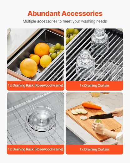 VEVOR 23 inch Kitchen Single Sink, 304 Stainless Steel Undermount Sink Drop-In Single Bowl Farmhouse Basin with Ledge & Multiple Accessories, Household Dishwasher Sinks for Prep Kitchen, Bar 23"*19"