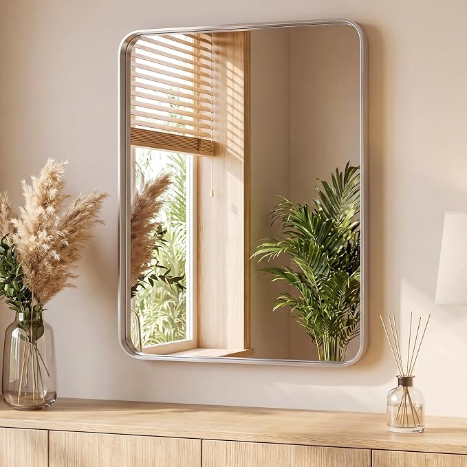 Sweetcrispy Bathroom Mirror 48x36 Inch, Vanity Mirror for Wall | Metal Framed Rounded Rectangle, Over Sink, Farmhouse Restroom, Anti-Rust, Horizontal or Vertical Hanging, Silver