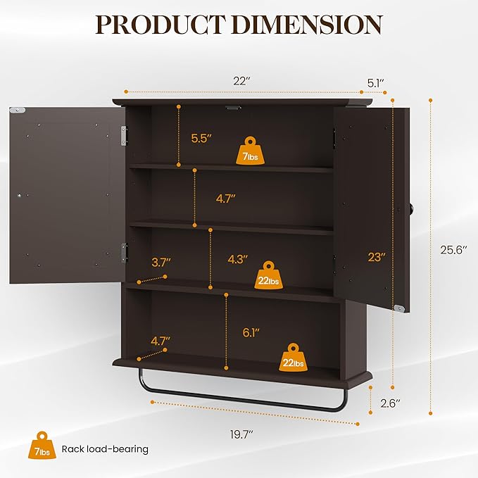 Bathroom Medicine Cabinet with Adjustable Shelves and Towel Bar, Vanity Wall Mounted Storage Cabinet with Mirror, Hanging Wall Cabinet for Bathroom, Laundry, Living Room (Brown)