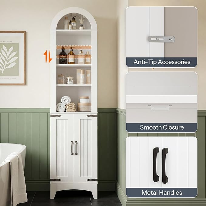 HOOBRO 67" Tall Narrow Bathroom Storage Cabinet, Arched Freestanding Floor Cabinet with 3 Adjustable Shelves and 2 Doors for Small Space, Space Saving Organizer for Bathroom, Living Room, White