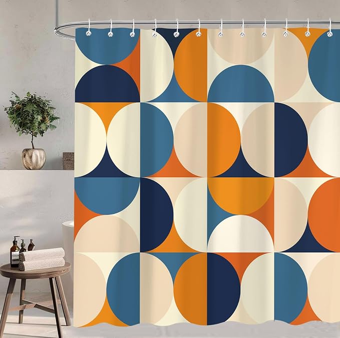 Mid Century Modern Shower Curtain, Colorful Boho Abstract Geometric Retro Art Shower Curtains for Bathroom, Colorful Unique Pattern Polyester Fabric Shower Curtain Set 12 Hooks 72X72IN