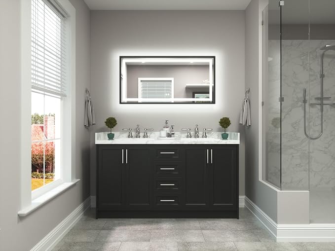 48 x 24 Bathroom LED Mirror Brushed Black Metal Frame Frontlit & Backlit Vanity Mirror Stepless Dimmable Anti-Fog 3 Colors White/Warm/Natural Light up Vanity Mirror Wall-Mounted