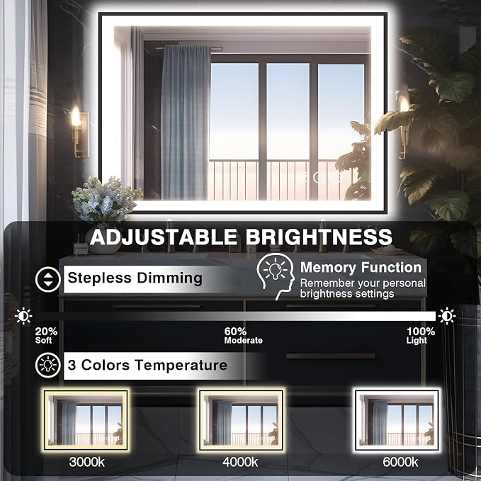 EchosLife 40x30 LED Lights Bathroom Mirror - Black Aluminum Rimmed | Black Frame, Front and Backlit, Anti-Fog, Stepless Dimmable, 3 Colors, Memory, Tempered Glass, UL Listed, Horizontal/Vertical