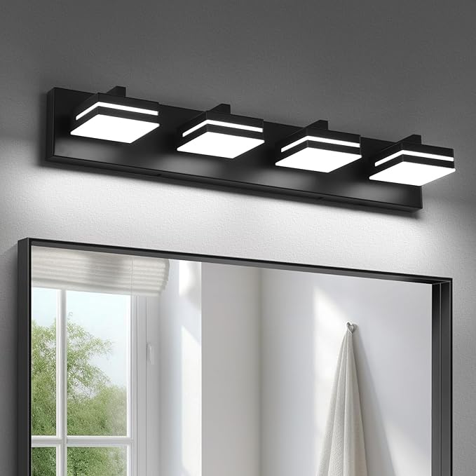 Joossnwell Bathroom Vanity Light (4-Light, 26.77-Inch) Black Bathroom Light Fixtures Over Mirror Led Modern Vanity Lighting Bath Lights (Cool White 5500K)