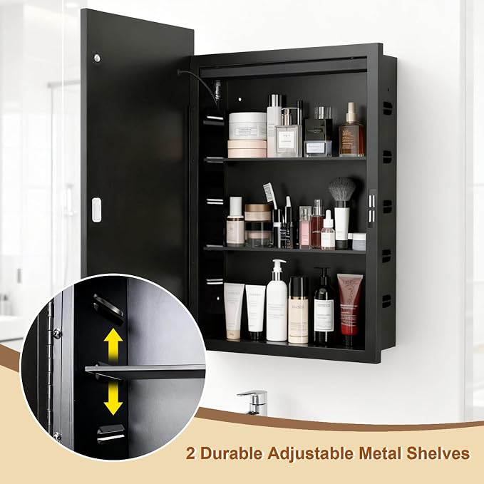 LED Medicine Cabinet Mirror, 22x30 Black Bathroom Storage Cabinet | Anti-fog mirror, Dimmable & 3 color lighting, adjustable shelves, plug in & wall switch, recessed & wall mounted installation