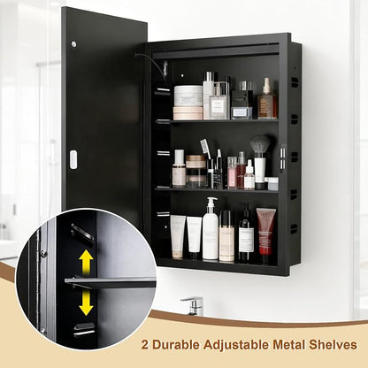 LED Medicine Cabinet Mirror, 22x30 Black Bathroom Storage Cabinet | Anti-fog mirror, Dimmable & 3 color lighting, adjustable shelves, plug in & wall switch, recessed & wall mounted installation