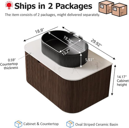 30 inch Floating Bathroom Vanity with Sink, Natural Solid Wood Modern Bathroom Vanities with Ultra-Thin Ceramic Basin and Marble Top, Soft-Close Drawer, Pre-Assembled, Walnut with Black