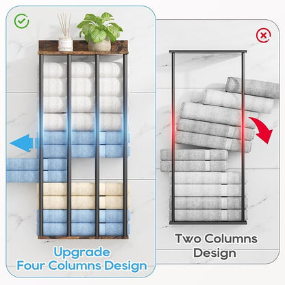 Wall Mounted 4-Bar Towel Rack with Wooden Shelf, Bathroom Storage Holder | Large Bathroom Towel Storage Rack for Rolled Towels, Farmhouse Metal Towel Organizer Shelf with Wooden Storage Shelf