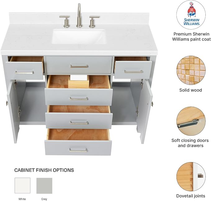Alenza 48" Grey Bathroom Vanity with Sink, 1.5" Carrara Quartz Countertop, Single Rectangular Undermount Sink, 2 Soft-Closing Doors, 5 Full Extension Dovetail Drawers