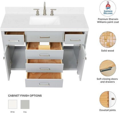Alenza 48" Grey Bathroom Vanity with Sink, 1.5" Carrara Quartz Countertop, Single Rectangular Undermount Sink, 2 Soft-Closing Doors, 5 Full Extension Dovetail Drawers