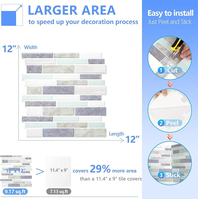STICKGOO Thicker Design Peel and Stick Tile Backsplash, 12”×12” Stick on Backsplash for Kitchen, Self Adhesive Tile Stickers for Kitchen Backsplash and Bathroom(10 Sheets, Gray Aqua)