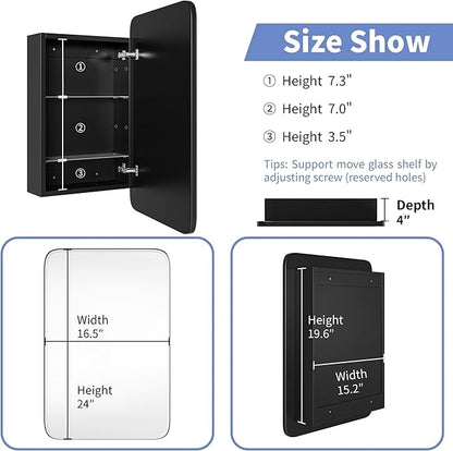 Vintage-Style Bathroom Wood Black Cabinet with 16.5''x24'' Curved Mirror, Recessed Medicine Cabinet, in-Wall or Surface Mount Bathroom Storage Cabinet