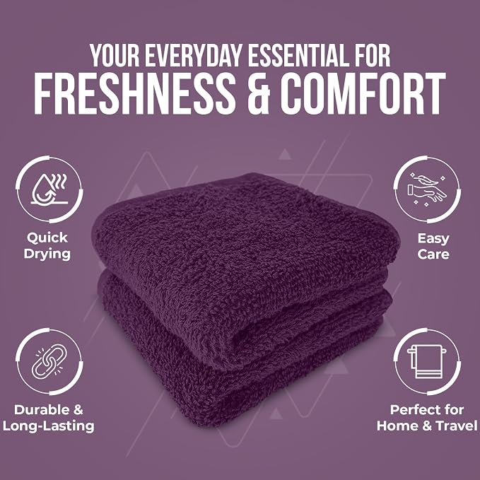 DAN RIVER 12 Pack Cotton Wash Cloths Set for Showering [12x12] Purple | Lighter Weight, Quick to Dry, Super Soft & Absorbent Face Towels, Hotel Quality, Perfect for Bathroom, Gym, Spa