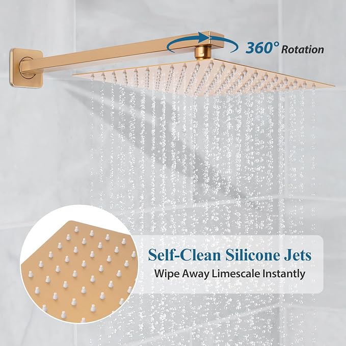 Brushed Gold Square Rainfall Shower Head Set with Handheld, 10" | Wall Mounted Bathroom Shower Faucet, 10 Inch Square Head, With Shower Valve, Rustproof Brushed Gold, High Pressure Raindrop