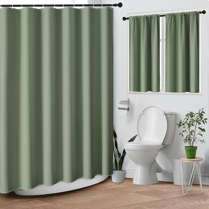 Shower Curtain Set, for Bathroom Decor 72" x 72", Sage Green | Waffle Textured Modern Solid Waffle Textured Cloth Waterproof Matching Window Shower Curtain 36 x 30 Inches