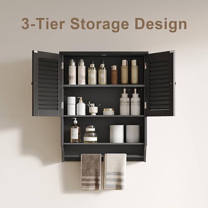 ChooChoo Bathroom Wall Cabinet with Towel Bar and Ample Storage | 23.6"L x 7.9"W x 27.5"H MDF Medicine Cabinet, Over The Toilet Space Saver Storage Cabinet with Adjustable Shelf, Black