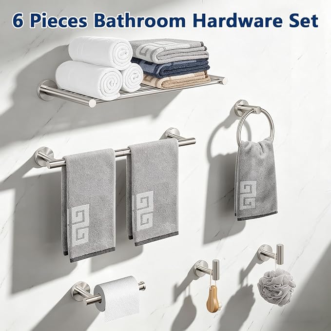 NearMoon Bathroom Accessories Set 6 Pieces, SUS304 Stainless Steel Bathroom Hardware Set, Shower Towel Rack for Kitchen, Towel Holder Wall Mounted (16 Inch, Brushed Nickel)