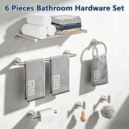 NearMoon Bathroom Accessories Set 6 Pieces, SUS304 Stainless Steel Bathroom Hardware Set, Shower Towel Rack for Kitchen, Towel Holder Wall Mounted (16 Inch, Brushed Nickel)