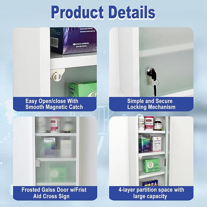 Locking Stainless Steel Medicine Cabinet, 4 Tier Wall Mounted Storage Cabinet, Durable Stainless Steel, Surface or Flush Mount, Ideal for Home, Office or First Aid, 10.6 * 4.7 * 22.4