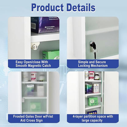 Locking Stainless Steel Medicine Cabinet, 4 Tier Wall Mounted Storage Cabinet, Durable Stainless Steel, Surface or Flush Mount, Ideal for Home, Office or First Aid, 10.6 * 4.7 * 22.4
