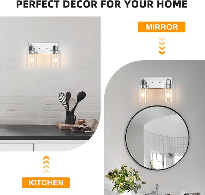 2 Lights Bathroom Light Fixtures Chrome Vanity Light with Clear Glass Shade 13in Modern Bathroom Lighting Fixtures Over Mirror for Bedroom/Living Room