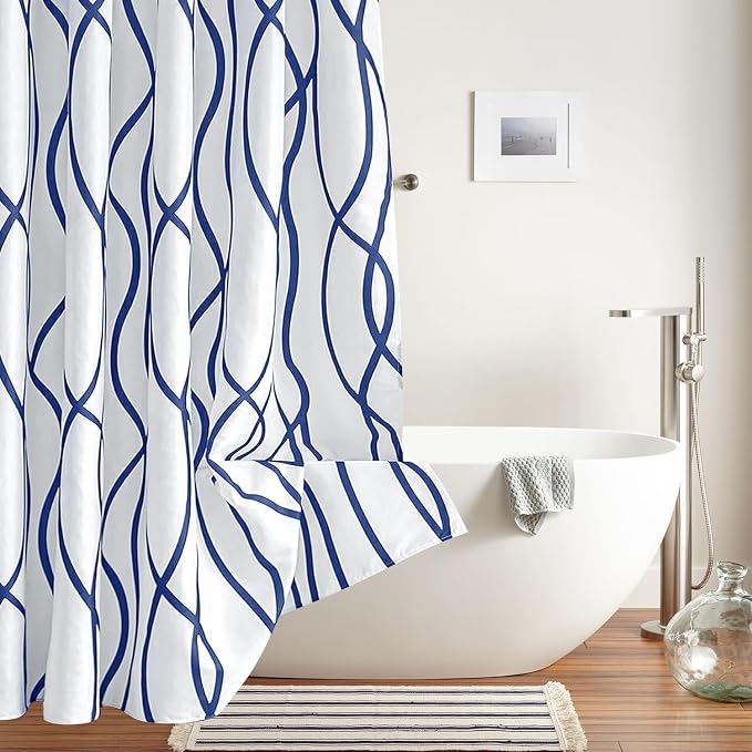 Fabric Modern Extra Long Shower Curtains for Bathroom-Navy and White | 72"W x 84"L Textured Faux Linen Luxury Hotel Quality Washable-Abstract Wavy Cloth Bath Curtain-Apartment Minimalist Decor