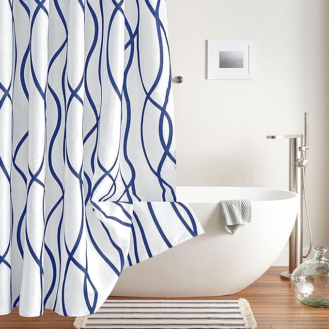 Fabric Modern Shower Curtain-Navy and White Shower Curtains for Bathroom | 72"W x 72"L Textured Faux Linen Luxury Hotel Quality Washable-Abstract Wavy Cloth Bath Curtain-Apartment Minimalist Decor