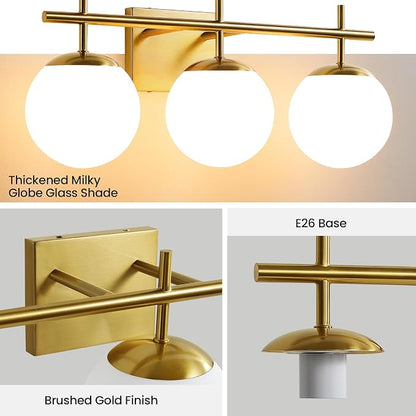 AIJIASI Gold Bathroom Light Fixtures, 3-Light Bathroom Vanity Light Over Mirror, Modern Vanity Lighting Fixtures with Milky White Globe Glass Shade, 22.4 inch Wall Sconce Light (Exclude E26 Bulb)