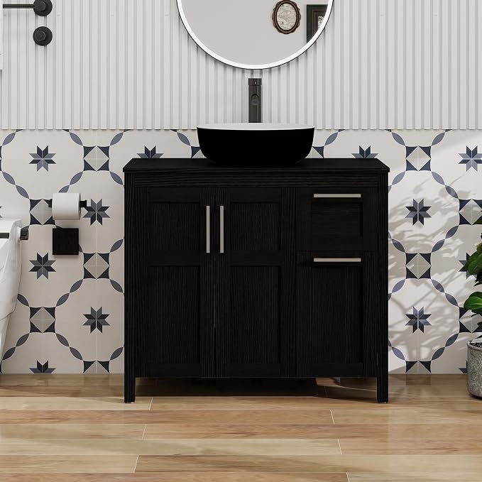 YOURLITE Bathroom Vanity with Sink, 36" Black Bathroom Vanity Sink Combo with Black White Ceramic Basin Faucet & Pop Up Drain Set