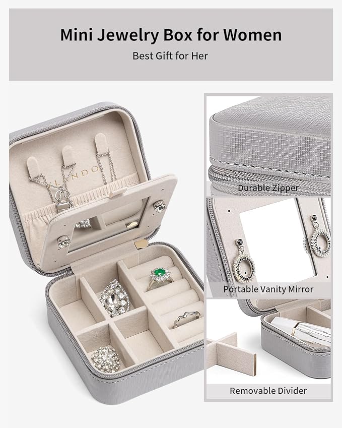 VLANDO Travel Jewelry Case with Mirror, Storage 3 Pairs of Stud Earrings | Necklace Hook for Anti-tangle, Removable Dividers, Waterproof PU Leather,Portable Storage for Rings, Necklace Gifts for Women