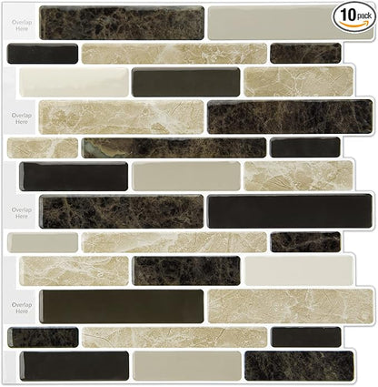LONGKING 10-Sheet Brown Peel and Stick Backsplash Tile for Kitchen, Vinyl Stick on Tile Stickers for Wall, Kitchen, Bathroom, Counter Top | Peel and stick backsplash, vinyl PVC, Brown, waterproof, kitchen bathroom wall, 10-sheet, set B