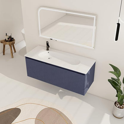 48 Inch Bathroom Vanity with Sink, 48" Floating Vanity, Premium Plywood Wooden Bathroom Cabinet with Soft Close Doors and Waterdrop-Shaped Resin Sink, Modern Wall Mounted Cabinet Set (Stripe Pattern)