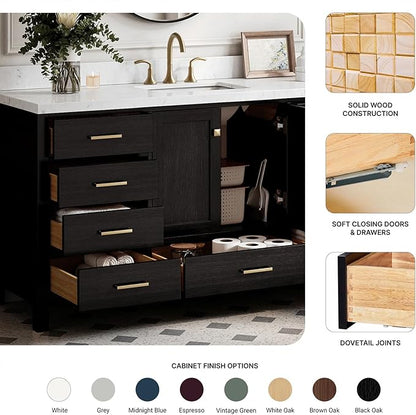 ARIEL Cambridge 66-inch Bathroom Vanity Base Cabinet,Solid Wood, 2 Soft Closing Doors, 9 Dovetail Drawers, Black Oak