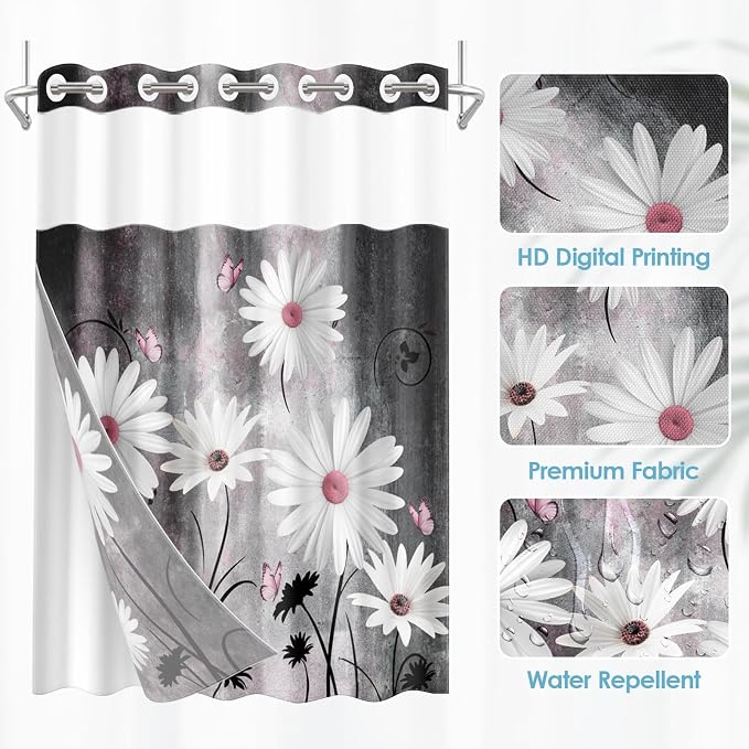 No Hook Shower Curtain with Snap in Liner 71x74 Inch Daisy Grey | Farmhouse Pink Butterfly Modern Double Layers Waterproof Fabric with See Through Top Window Open Grommet Bath Curtain