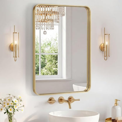 Sweetcrispy Bathroom Mirror 28x20 Inch, Vanity Mirror for Wall | Metal Framed Rounded Rectangle, Over Sink, Farmhouse, Restroom, Anti-Rust, Horizontal or Vertical Hanging, Gold