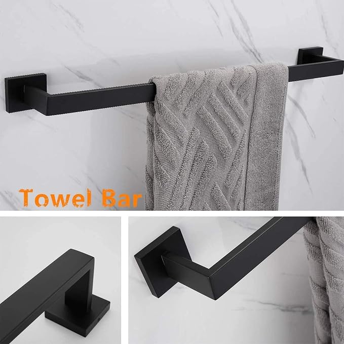 Rustproof 5-Piece Black Bathroom Hardware Set Including 24inch Towel Bar Toilet Paper Holder Towel Holder Robe Hook SUS304 Stainless Steel Wall Mount Contemporary Square Style Accessory,Matte Black