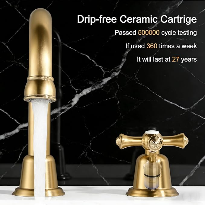 RKF Bathroom Faucets for Sink 3 Hole Gold 8 inch Widespread Bathroom Sink Faucet with Drain 2 Handles Cross Knobs Faucet Vanity Faucet Basin Mixer Tap with Hose & Deck CWF039-BG