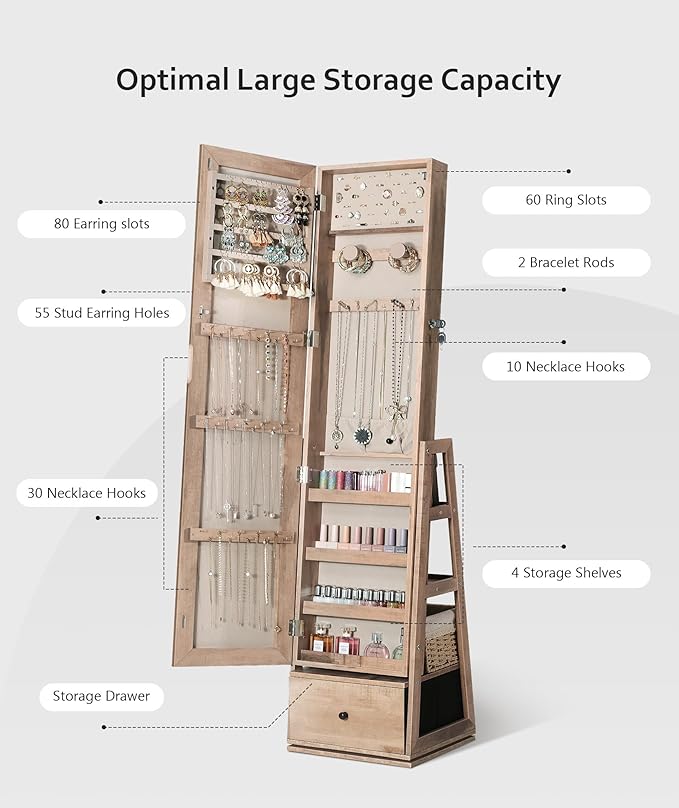 Nicetree 360° Swivel Jewelry Cabinet, Full Length Mirror, Lockable, Oak | Rotatable Jewelry Armoire Organizer, Standing Mirror with Storage, 3 Rear Shelves + Bottom Drawer, Gift Idea, Easy Assembly