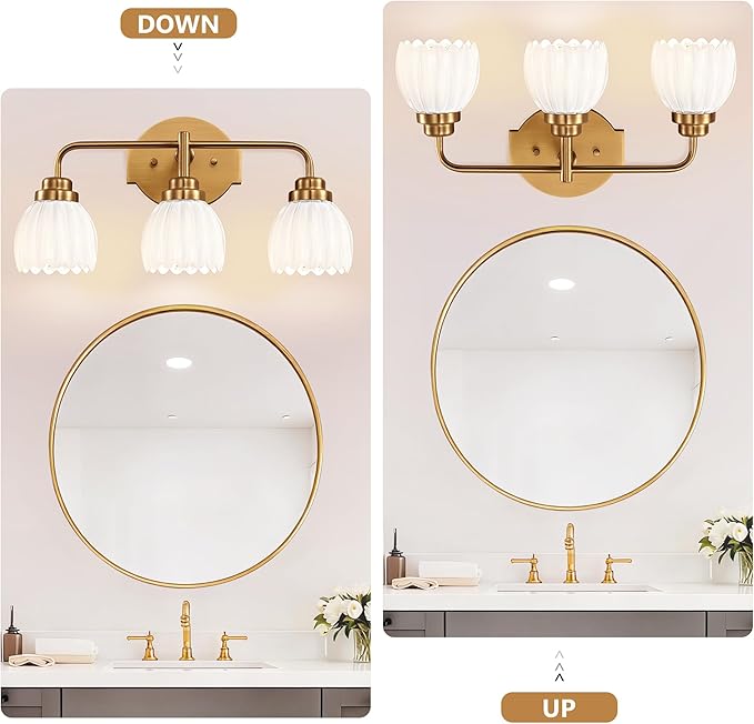 maesta Gold Broom Light Fixture,3 Light Vintage Vanity Light Over Mirror | Vintage Vanity Light, Brushed Gold Metal & Milk White Glass Shades, Anti-Rust, Easy to Install for Bathroom Hallway Bedroom