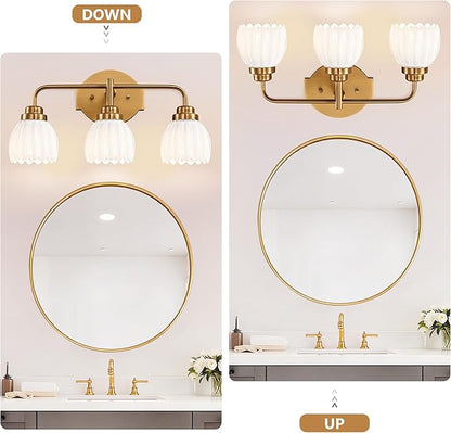 maesta Gold Broom Light Fixture,3 Light Vintage Vanity Light Over Mirror | Vintage Vanity Light, Brushed Gold Metal & Milk White Glass Shades, Anti-Rust, Easy to Install for Bathroom Hallway Bedroom