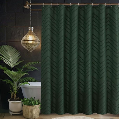 96inch Extra Long Dark Green Boho Shower Curtain Woven Fabric Shower Curtain Tufted Chervon Textured Shower Curtains Modern Minimalist Shower Curtains for Bathroom