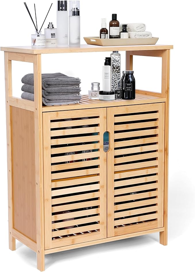 Bamboo Storage Cabinet with Doors, Floor Freestanding Cabinet with Shelves for Bathroom, Kitchen, Living Room
