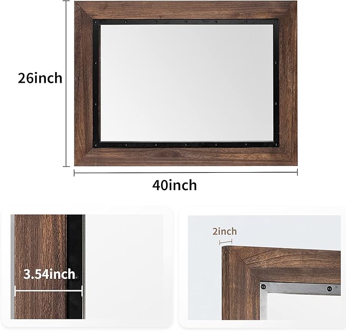 YOSHOOT Rustic Wooden Framed Wall Mirror, 40"x26", Natural Wood and Iron Bathroom Vanity Mirror for Farmhouse Decor, Vertical or Horizontal Hanging