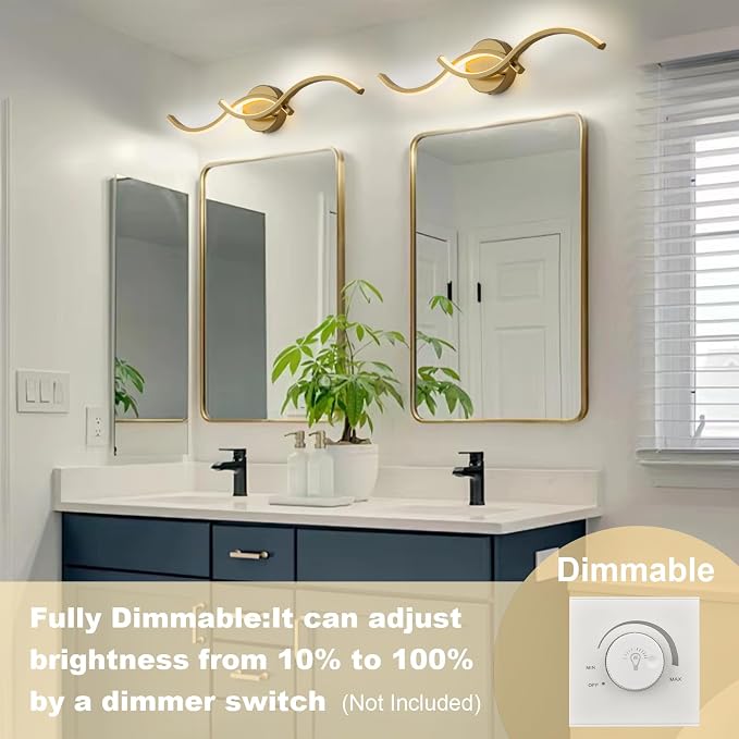 EDISLIVE 24 Inch Gold LED Vanity Light, 15W Dimmable Modern Wall Sconce, 3000K Warm White Linear Fixture with Acrylic Strip Shade for Bathroom Mirror Bedroom Makeup