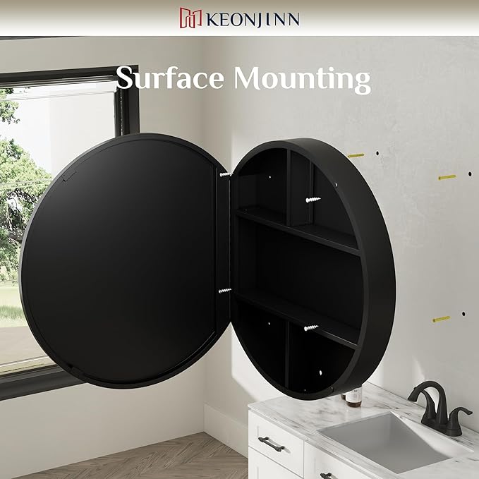 Keonjinn 30 in Round Black Medicine Cabinets with Mirror, Large Farmhouse Medicine Cabinet for Bathroom, Circle Bath Mirror with Storage, Metal Frame Medicine Cabinet for Wall with Detachable Shelves