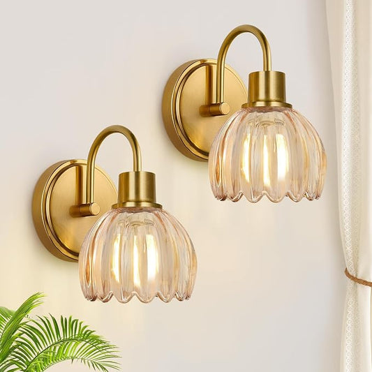 2-Pack Brushed Gold Bathroom Vanity Light, Single-Head Wall Sconce with Ribbed Amber Tulip Glass Shade, Vintage Bathroom Light Fixtures for Bedroom, Hallway & Bedside (Bulbs Not Included)