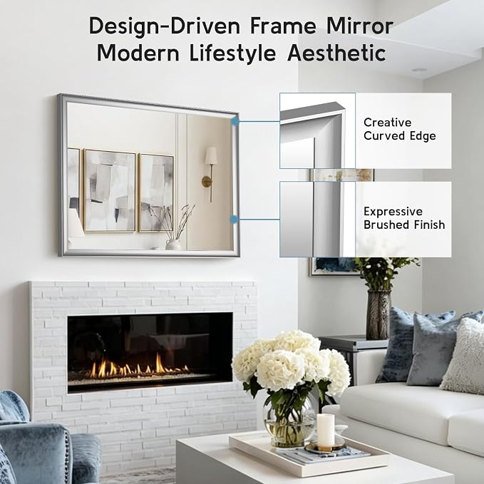 Brushed Nickel Bathroom Mirrors for Over Sink 30x40 Inch | Silver Rectangle Vanity Mirror, Wall Decor for Bedroom, Entryway, Living Room, Aluminum Framed, Curved Wide Edge, Anti-Rust