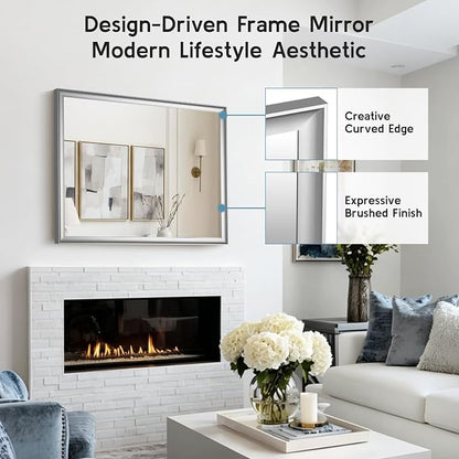 Brushed Nickel Bathroom Mirrors for Over Sink 30x40 Inch | Silver Rectangle Vanity Mirror, Wall Decor for Bedroom, Entryway, Living Room, Aluminum Framed, Curved Wide Edge, Anti-Rust